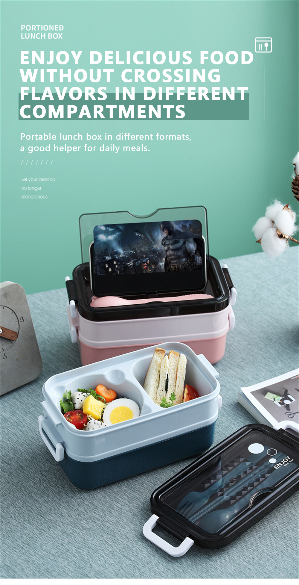 Lunch Container Good Sealing Compartment Large Capacity with Tableware 3  Layers Multiple Grid Lunch Food Box Daily Use