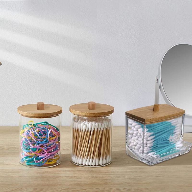 Cotton Swab Organizer Storage Bamboo Cover Acrylic Round