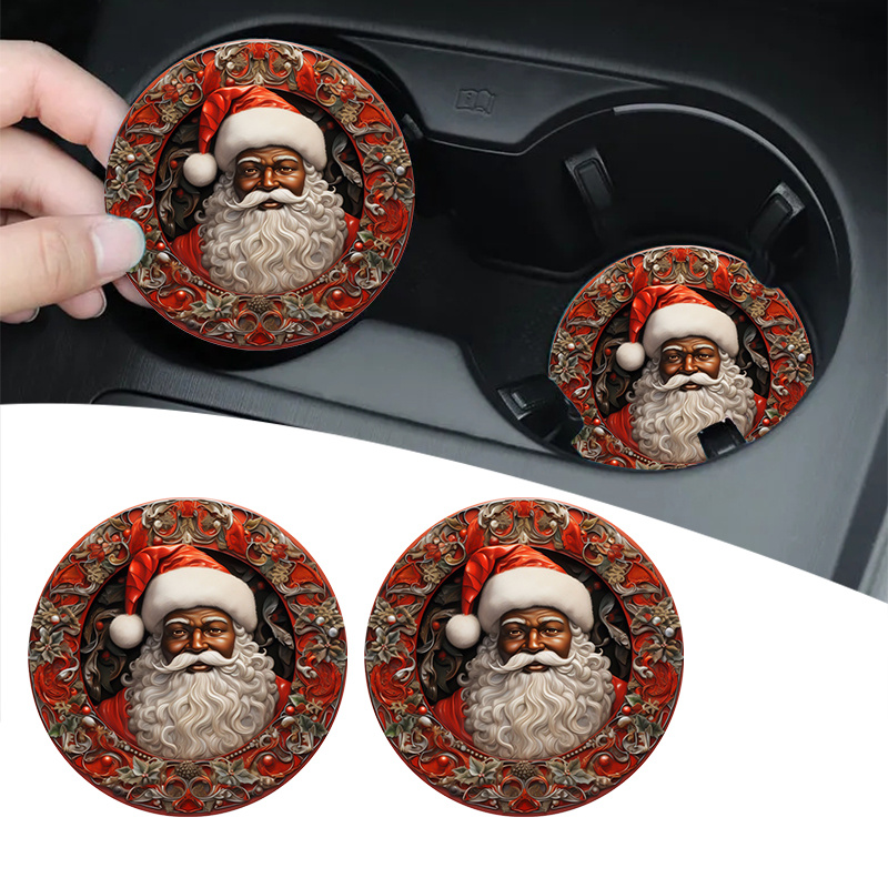 

2pcs Santa Claus Pattern Faux Leather Coaster Car Cup Holder Coaster, Christmas Decoration Anti-slip Shockproof Universal Fashion Vehicle Car Coasters