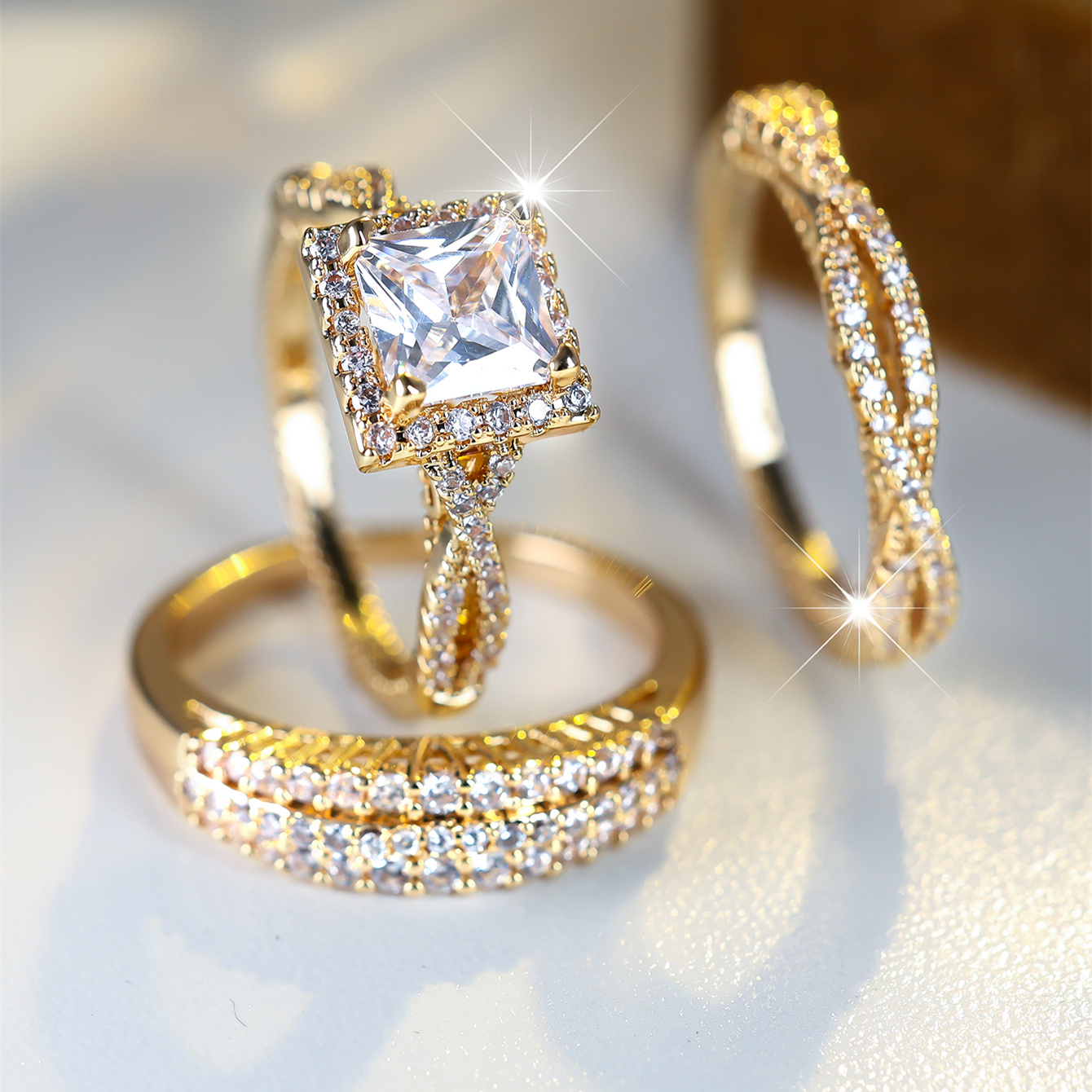 Luxury Sparkling Bridal Wedding Ring Set, Engagement Banquet Party 3pcs Set, Gift For Couples