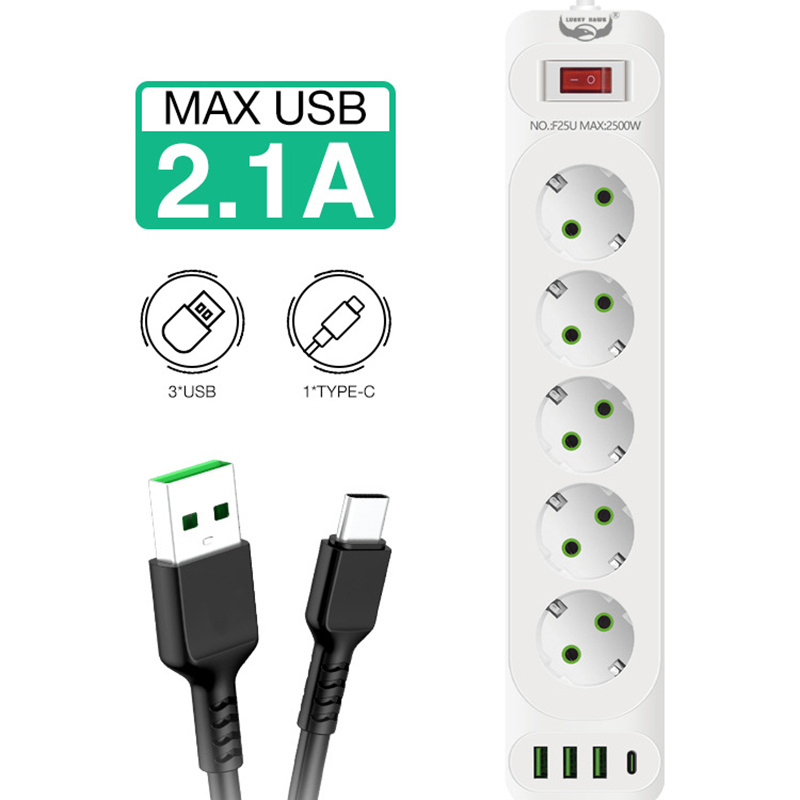 1pc EU Plug Power Strip, 2M Extension Cable, Multiprise 4 Outlets  Electrical Socket With 3 USB Network Filter Fast Charging 2500W Power