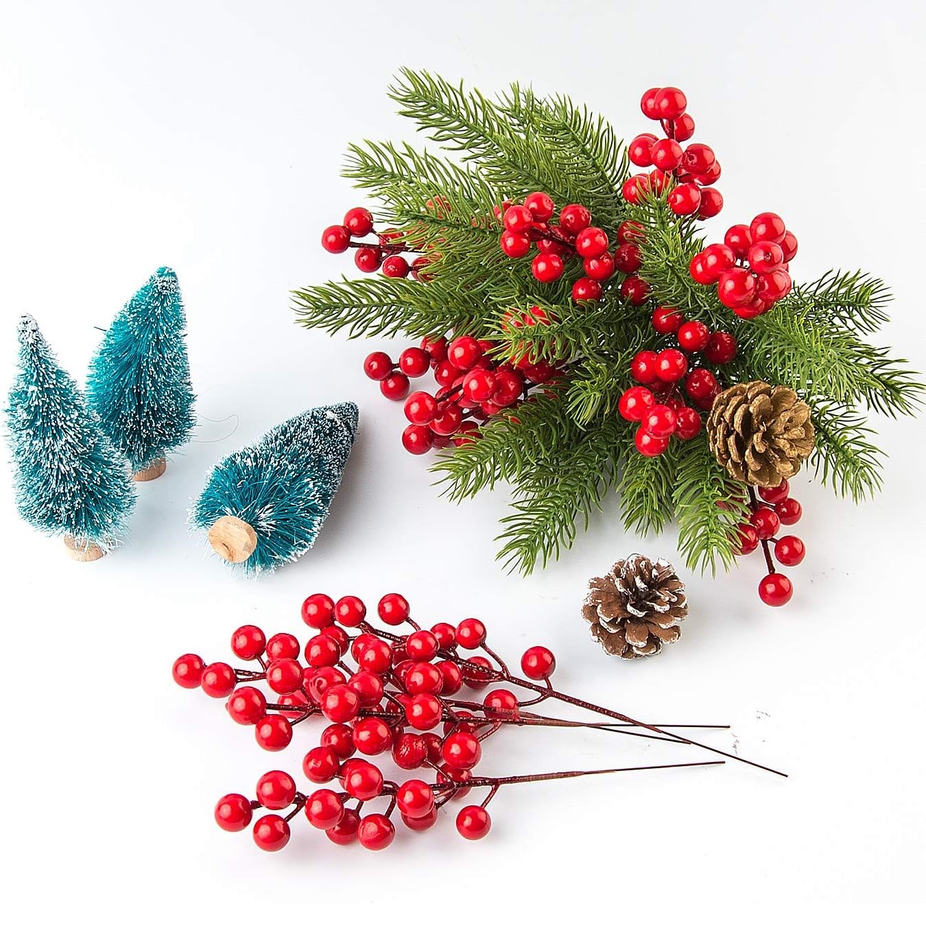 5Pcs Christmas Pine Branches Artificial Red Holly Berry Christmas Tree  Decoration For Home New Year Xams Flower Wreath Ornaments
