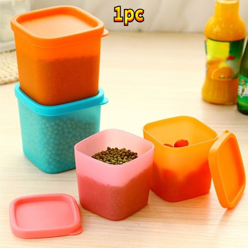 1pc Portable Kitchen Plastic Mini Foods Jars With Cover, Fruits Beans Box,  Condiment Pepper Jar, Square Seasoning Storage Container, Random Color