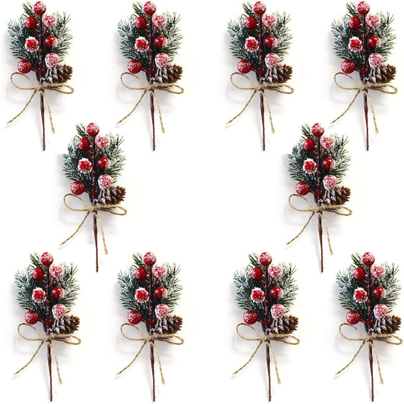 10PCS Christmas Pine Cone Red Berry Picks Stems Floral Picks For Xmas  Wreath DIY