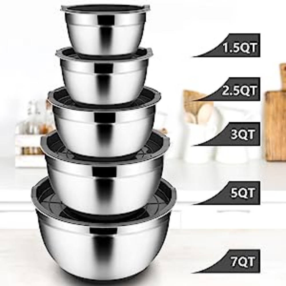 Premium Stainless Steel Mixing Bowls with Airtight Lids (Set of 5) Nesting Bowls, Silver