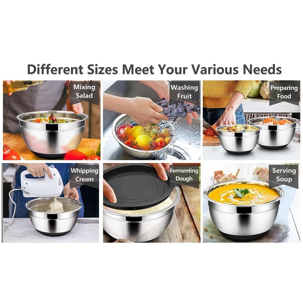 Stainless Steel Mixing Bowls With lid Handle Non-Slip Silicone Base DIY Cake  Baking Mixer Bowl Salad Grater Kitchen Cooking Tool
