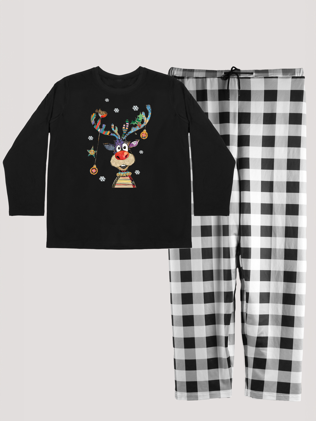 Christmas Pajama Set: Deer & Snowflake Print Tee & Plaid Pants
