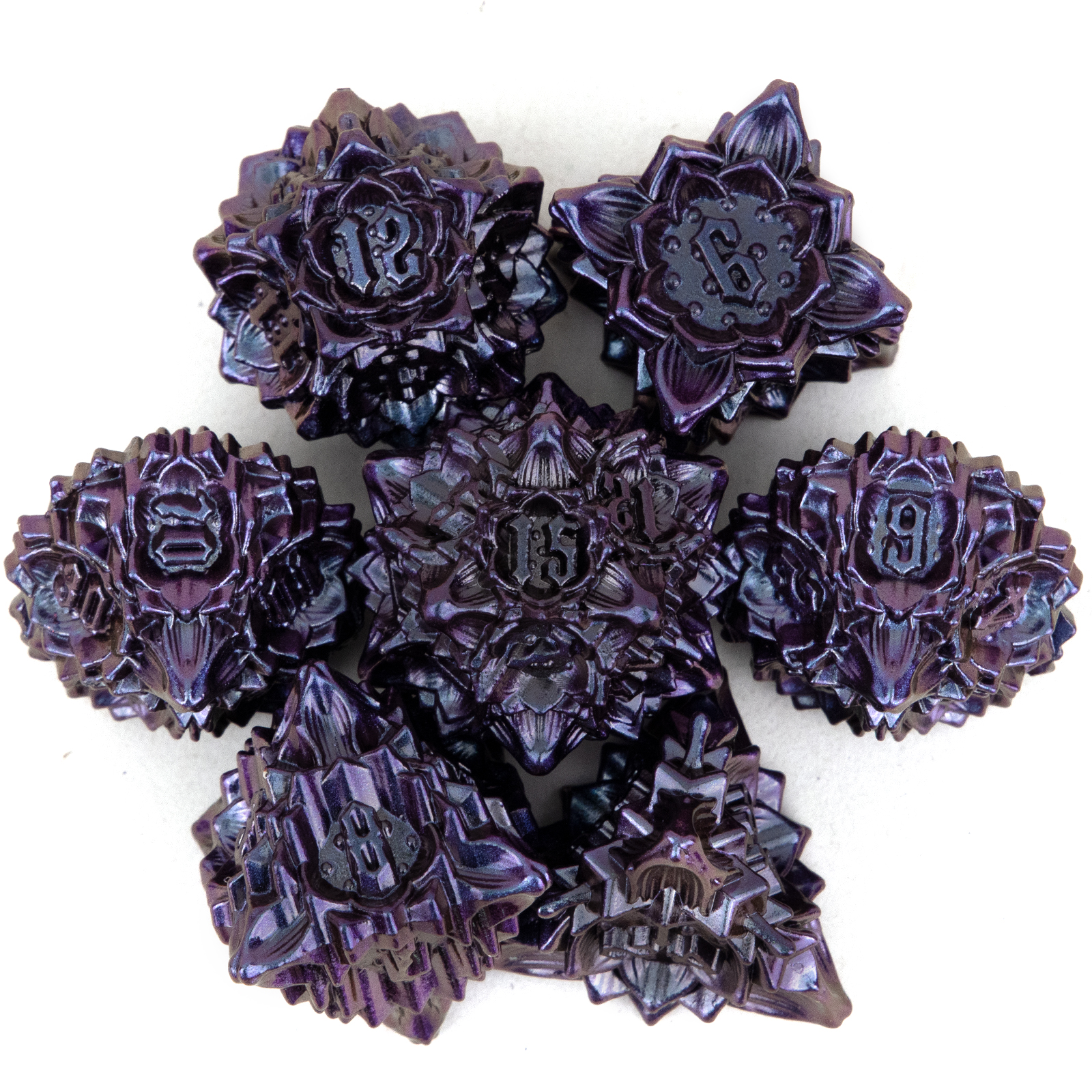 

7pcs, Purple Black Lotus Flower Metal Dice Set, Polyhedral Dice Set, Suitable For Role-playing Rpg Board Game Card Game