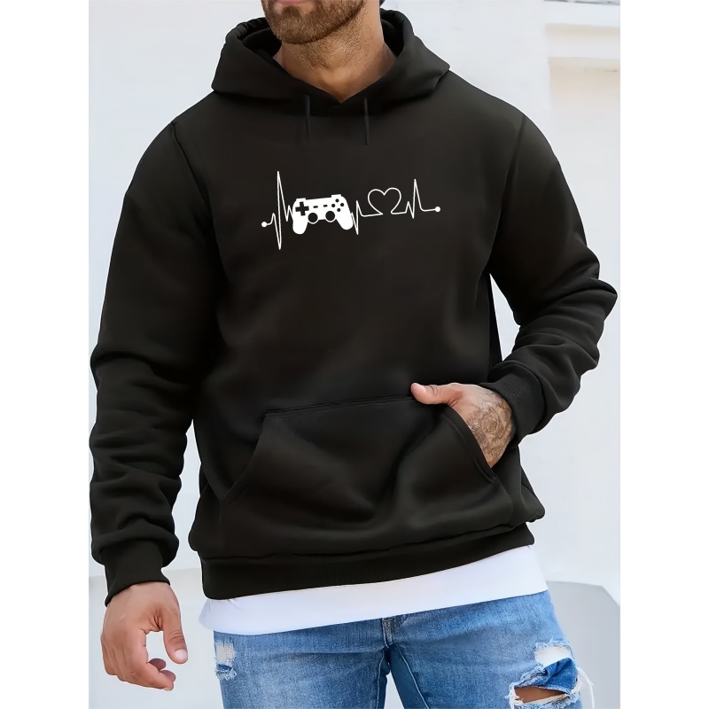 

Gamepad Print Hoodie, Cool Hoodies For Men, Men's Casual Graphic Design Pullover Hooded Sweatshirt With Kangaroo Pocket Streetwear For Winter Fall, As Gifts