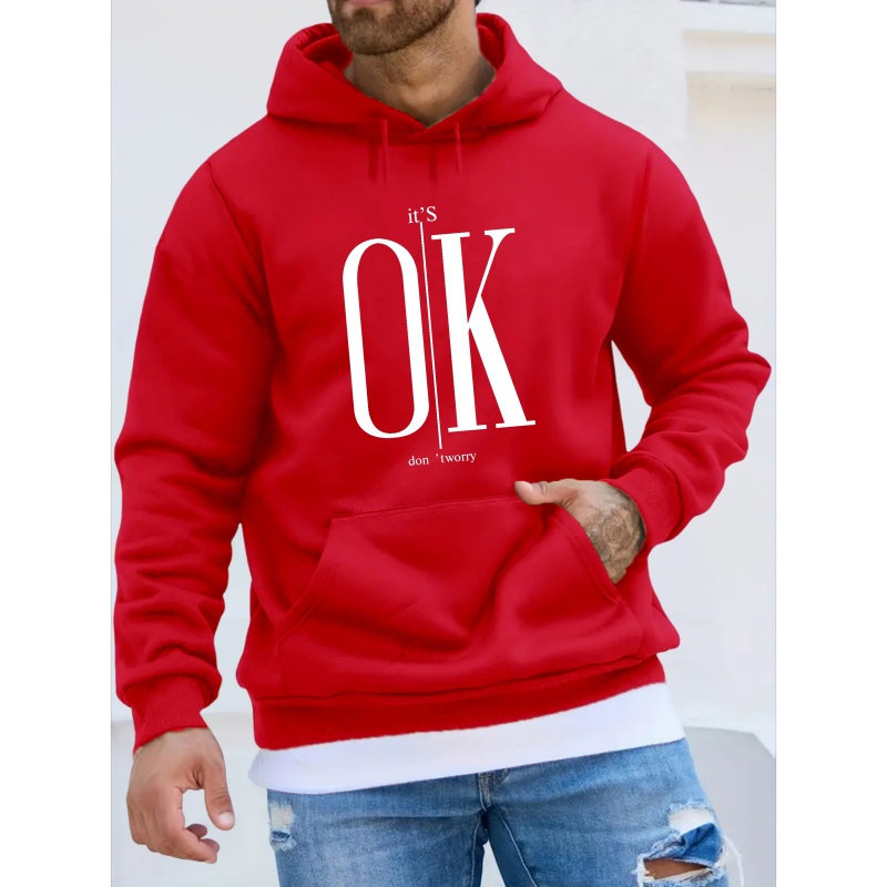 

Ok Print Hoodie, Cool Hoodies For Men, Men's Casual Graphic Design Pullover Hooded Sweatshirt With Kangaroo Pocket Streetwear For Winter Fall, As Gifts