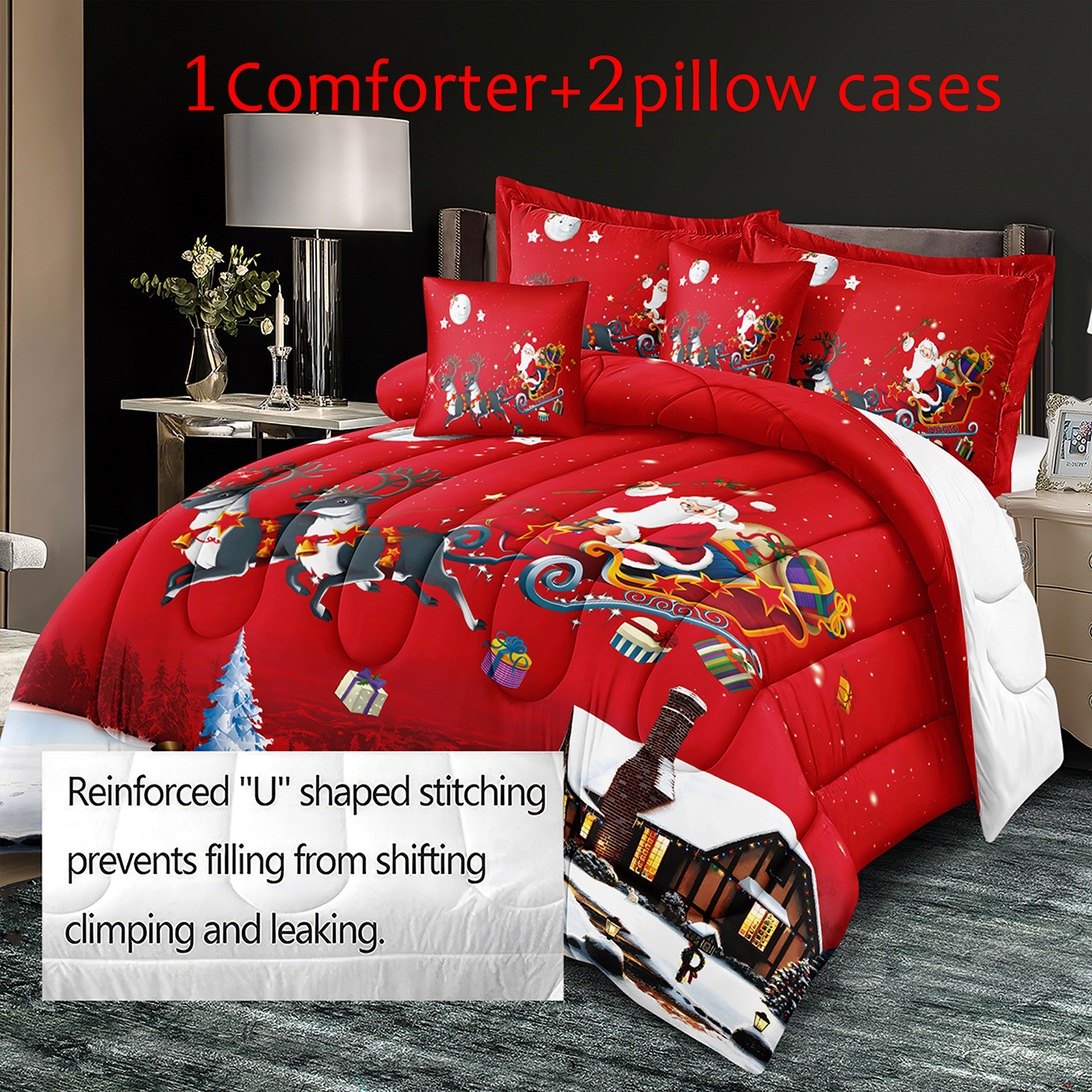 Christmas Comforter Set Santa Claus Reindeer Print Bedding Temu