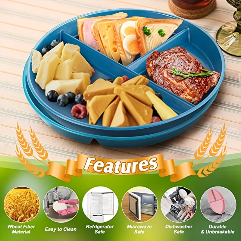 9 Unbreakable Divided Dinner Plate / 5 Wheat Straw Plastic Round Dinner  Plates / Colorful Reusable 3 Compartment Dinner Plate / Microwave 