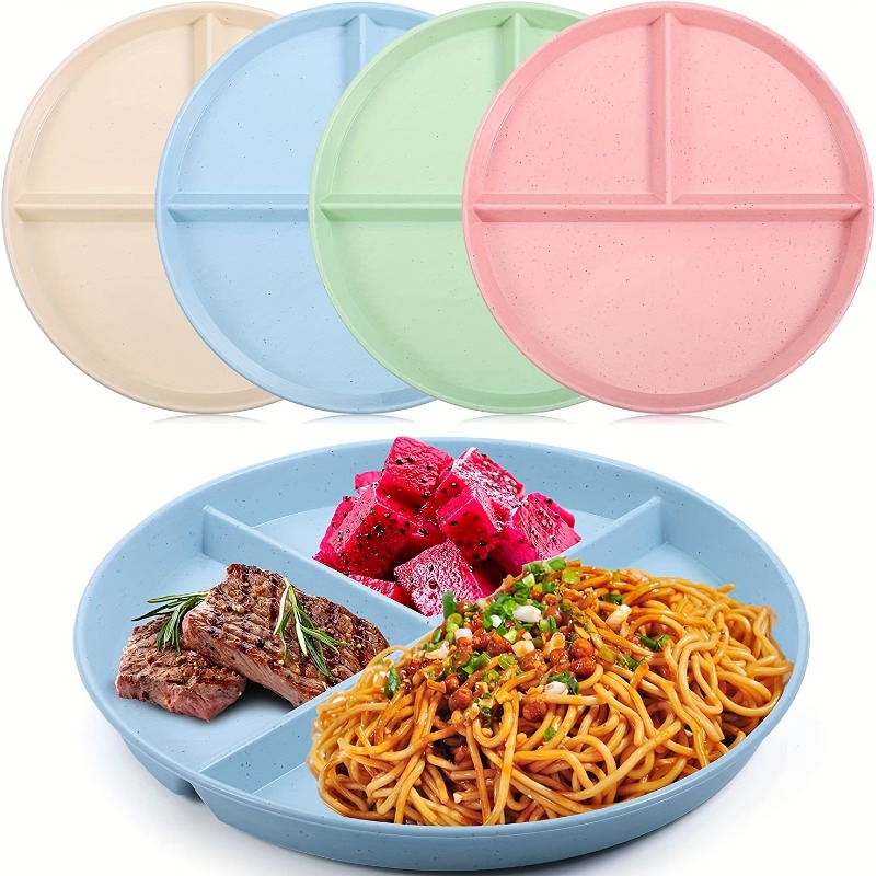 

4pcs Unbreakable 9-inch Wheat Plastic Round Gridded Dinner Plate, Divided Plate, Picnic Plate, Salad Plate, Dishwasher-cleanable, Reusable, Bpa-free