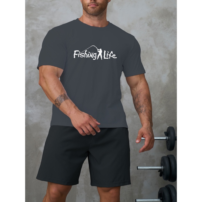 

Men's Fishing Life Print T-shirt & Shorts Set For Summer, Men's Clothing, Plus Size