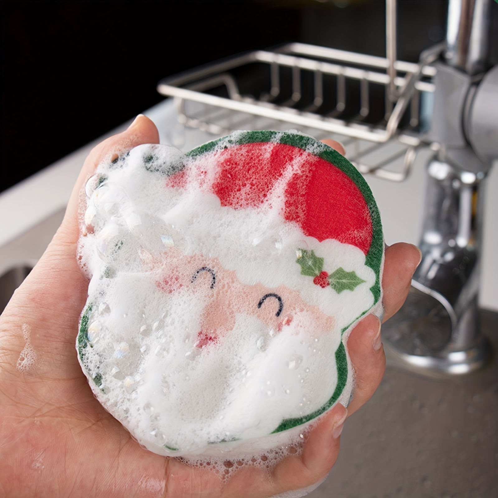 8 Pcs Christmas Sponges Kitchen Dual Sided Dish Sponges for Washing Dishes  Santa Christmas Tree Gingerbread Man 