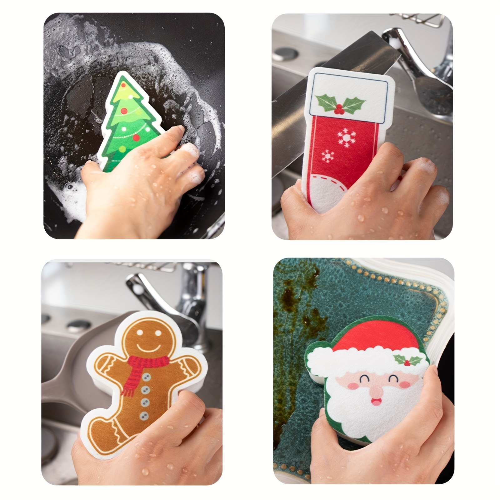 8 Pcs Christmas Sponges Kitchen Dual Sided Dish Sponges for Washing Dishes  Santa Christmas Tree Gingerbread Man 