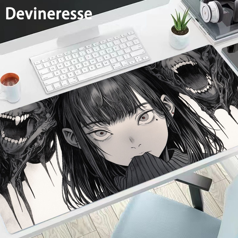 Anime Kawaii Large Gaming Mouse Pad Anime Black and White Mouse Pad, Extended Waterproof Keyboard Pads,Non-Slip Desk Pad for Game Office Home, Anime