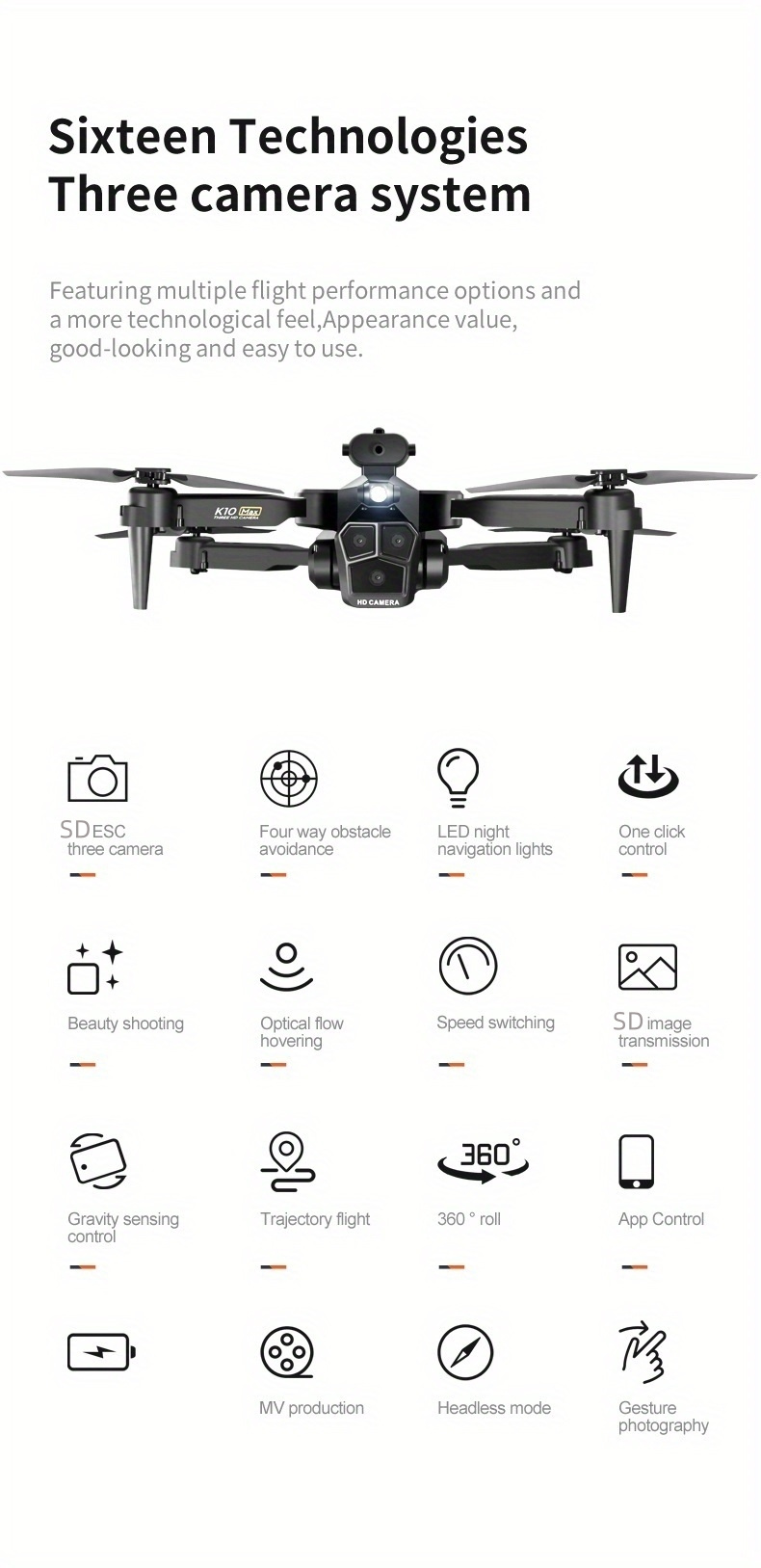 k10 max optical flow hd three cameras mini remote control drone 360 intelligent obstacle avoidance wifi fpv headless mode foldable quadcopter uav details 6