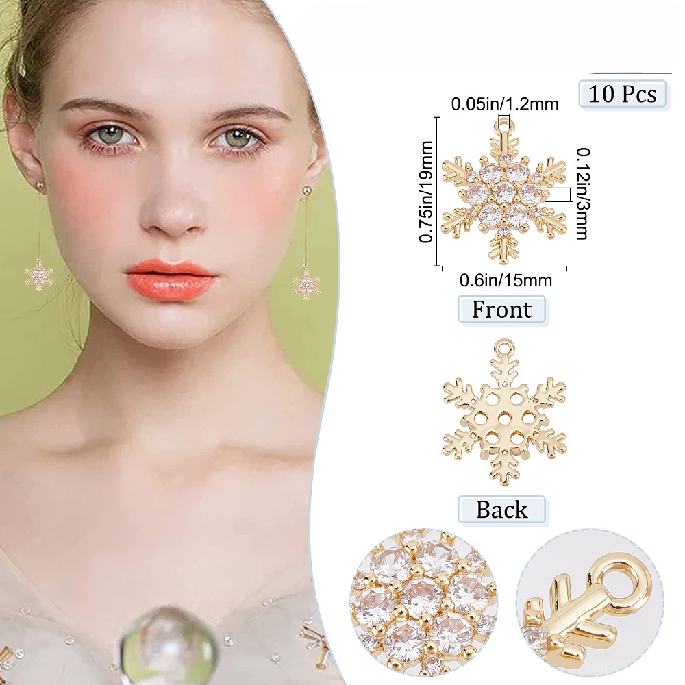 1Box 10pcs Golden Snowflake Charms, Cubic Zirconia Christmas Charm Pendants, for Crafting Bracelet Necklace Jewelry, Jewels Making,Temu