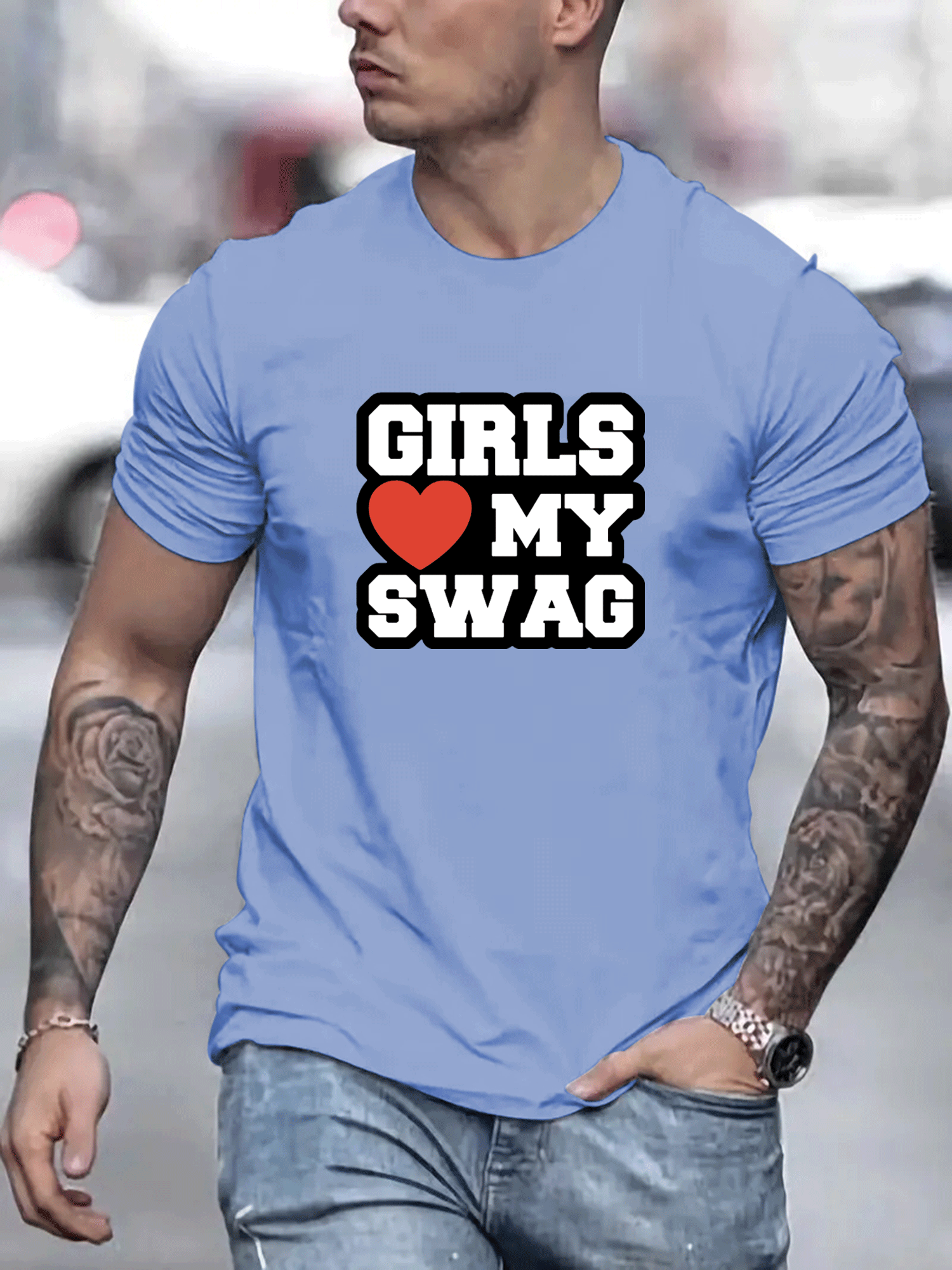 Girls Love My Swag Print T-shirt, Men's Casual Street Style Stretch Round  Neck Tee Shirt For Summer