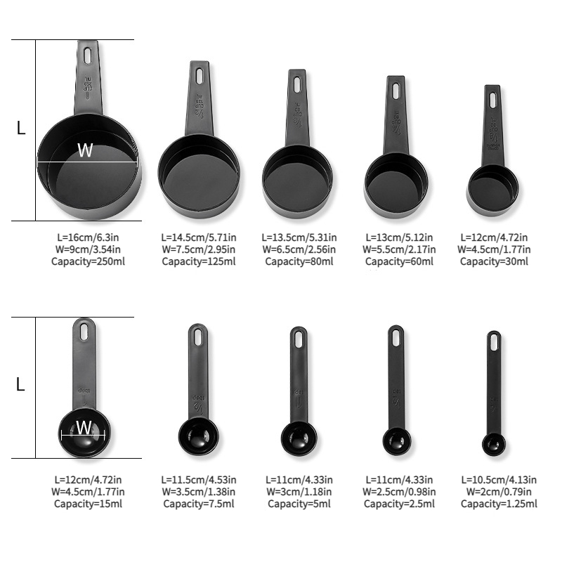 10pcs/set Plastic Black Measuring Cups & Spoons With Scale, 1.25ml