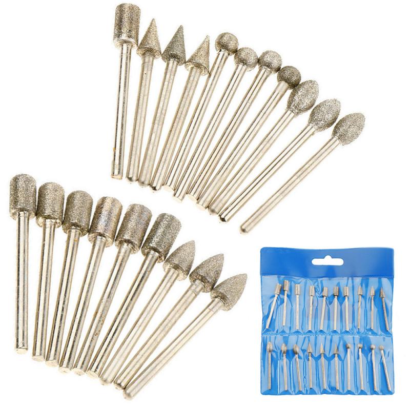 20pcs Diamond Grinding Heads Mini Bit Rotary Drill Tool Burrs 3mm Shank