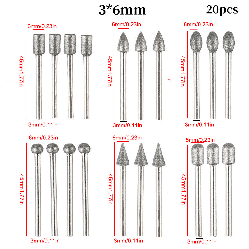 20pcs Diamond Grinding Heads Mini Bit Rotary Drill Tool Burrs 3mm Shank