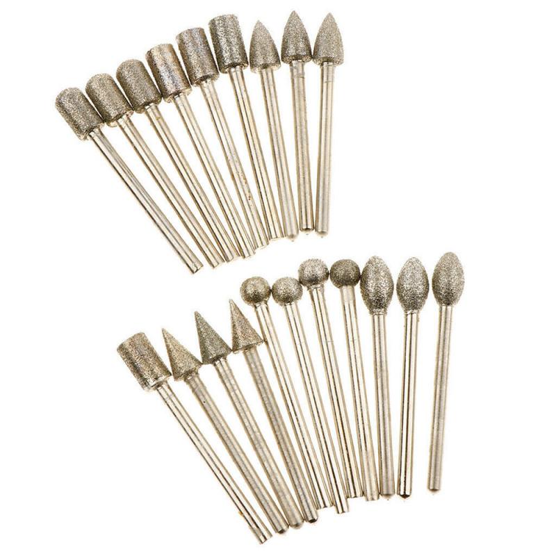 20pcs Diamond Grinding Heads Mini Bit Rotary Drill Tool Burrs 3mm Shank