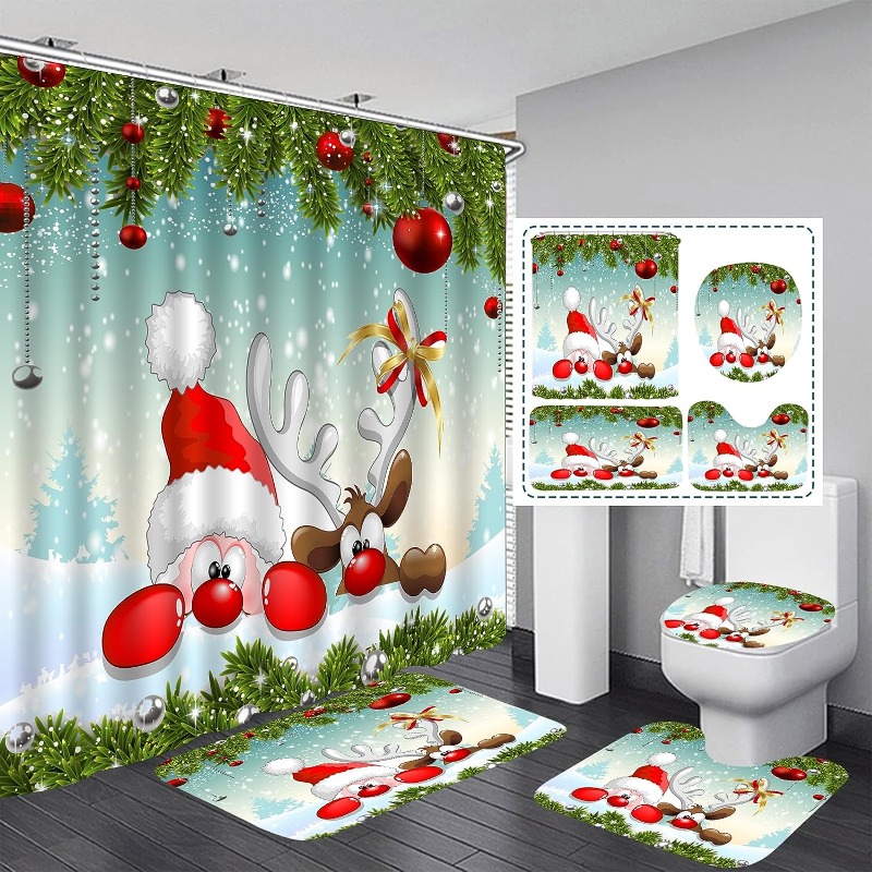  Decoraciones navideñas de baño, accesorios de baño, juego de  decoración de baño de Navidad, incluye cortina de ducha de Navidad,  alfombras de baño antideslizantes, tapete, funda de asiento de inodoro 