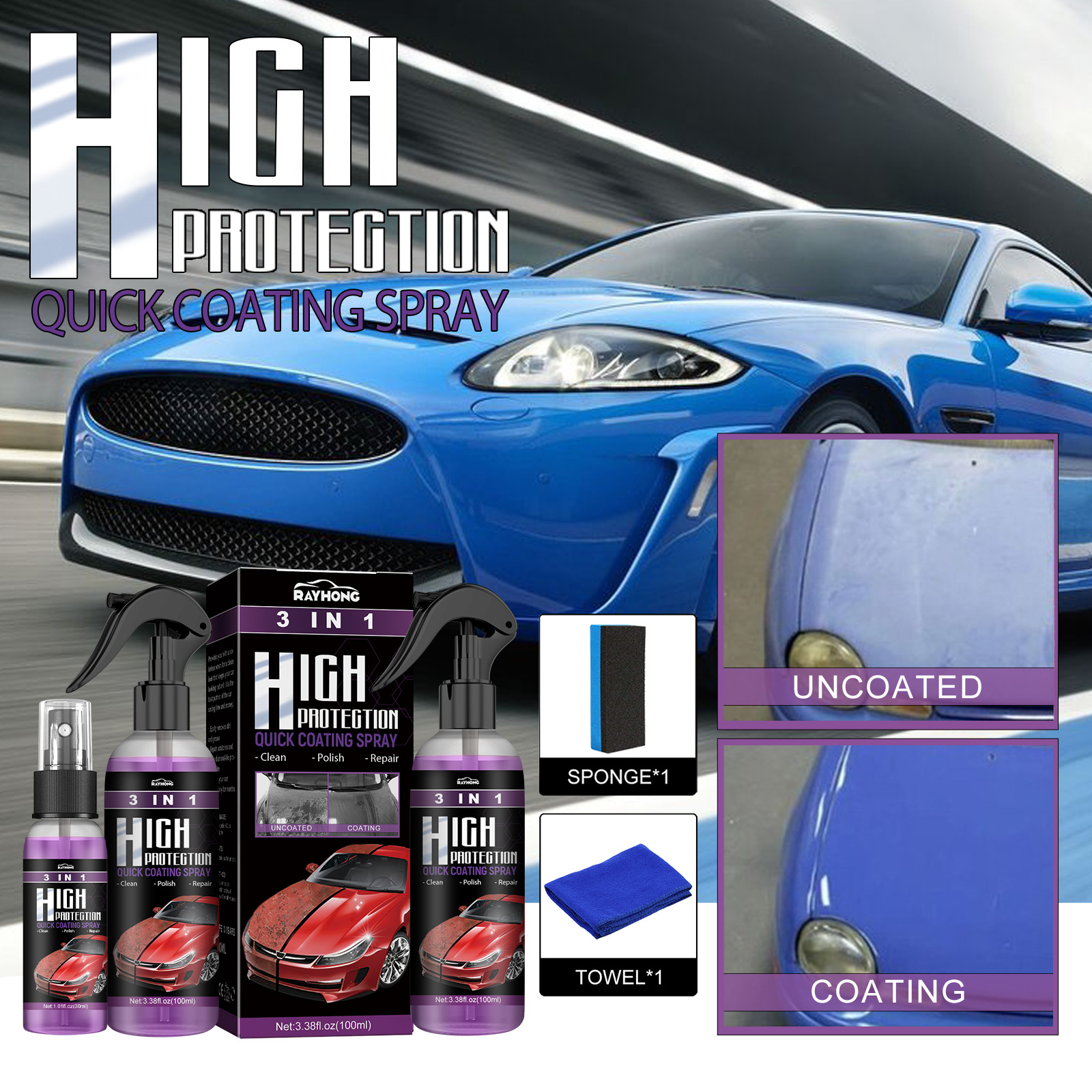  High Protection 3 in 1 Spray, 3 in 1 High Protection Quick Car  Coating Spray, 3 in 1 Ceramic Car Coating Spray, Nano Car Scratch Repair  Spray, Quick Coat Car Wax Polish Spray (3Pcs) : Automotive