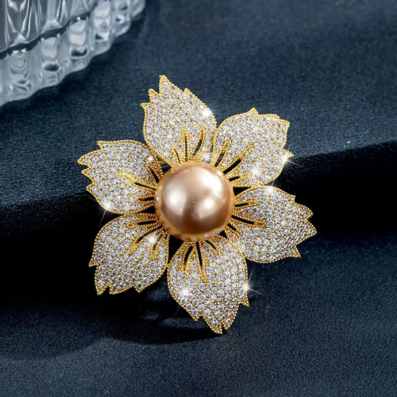 Classic Men Elegant Crystal Lotus Faux Pearl Brooches Pins Fashion