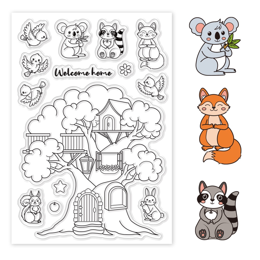 Forest Animals Tree House Birds Raccoon Fox Bunny Clear Seals For