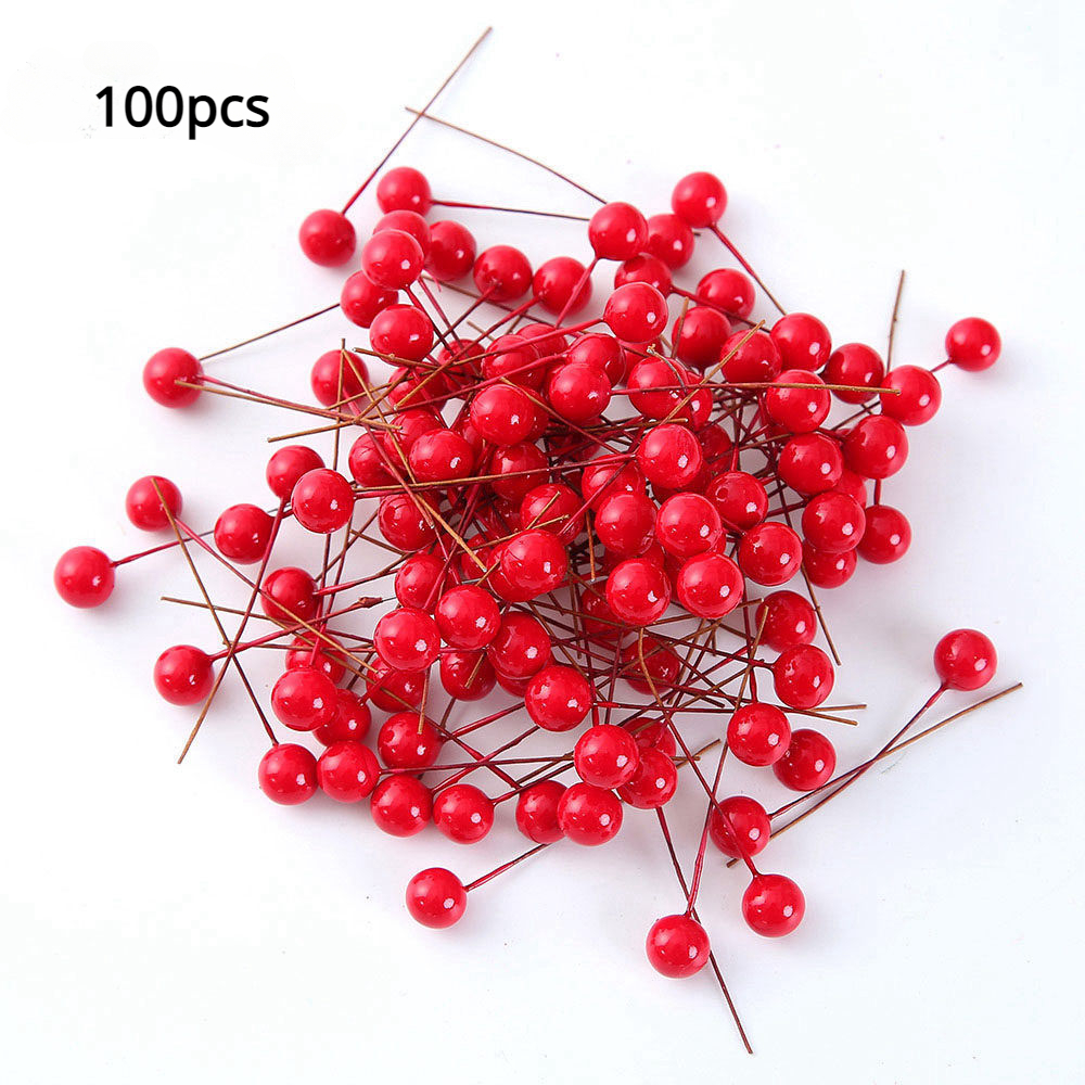100Pcs Artificial Red Holly Berry Christmas Decor On Wire Bundle