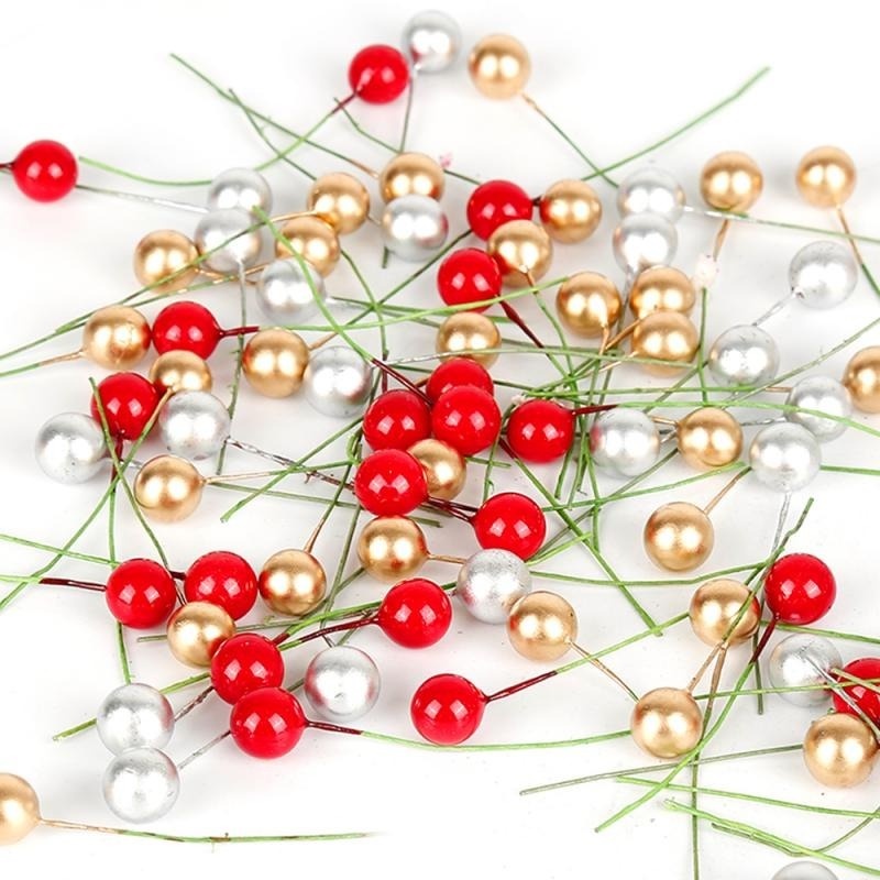 100Pcs Artificial Red Holly Berry Christmas Decor On Wire Bundle