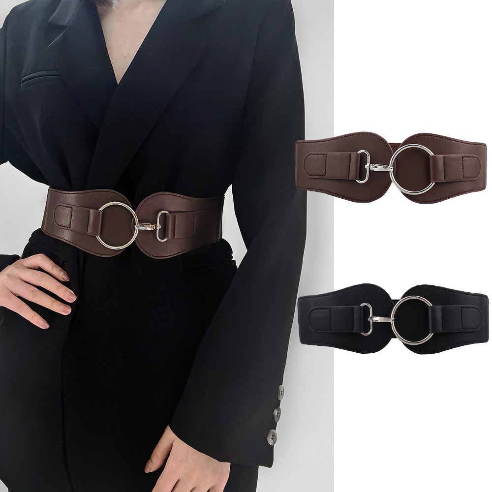 Classic Lock Buckle PU Wide Belts Elegant Solid Color Elastic Waistband  Vintage Dress Coat Girdle For Women