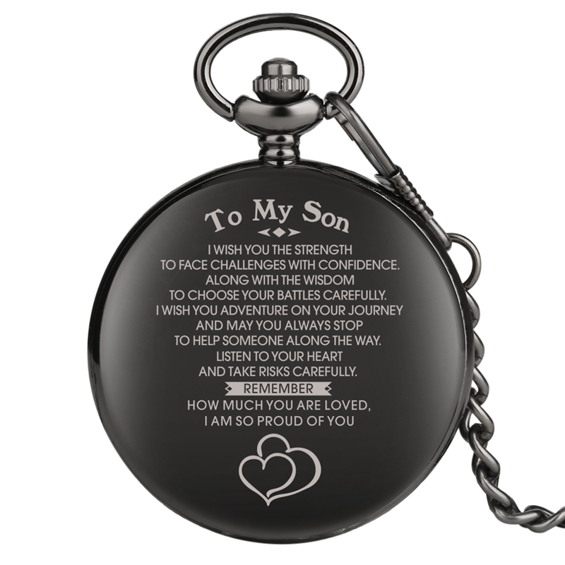 Antique Smooth Black "To My Son" Cool Quartz Analog Pocket Watches, Encourage Message, Gifts For Birthday/Graduation/Xmas