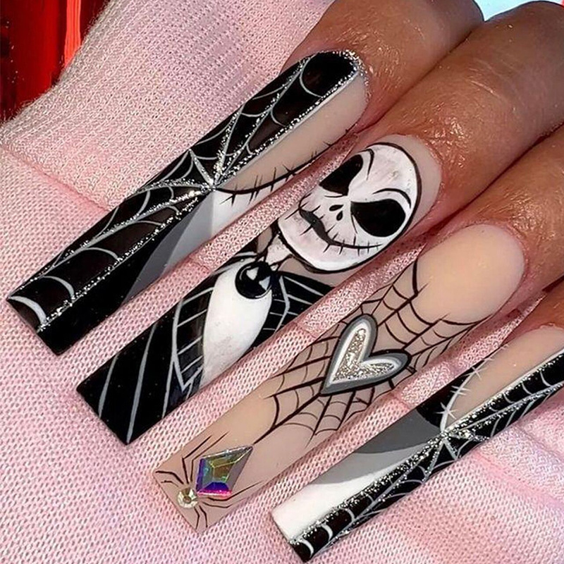 24 Pcs Halloween Coffin Shape Press on Nails,Medium Length Pink Ghost with  Spider Web Designs Ballet Fake False Nails with Glue,Nail Art for Women and  Girls Stick on Nails 