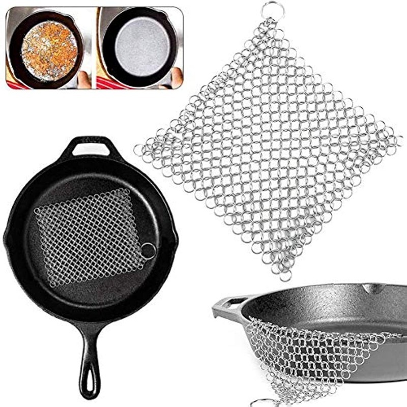 Cast Iron Scrubber + Pan Scraper, Upgraded Cast Iron Cleaner with Ergonomic  Handle, Chainmail Scrubber for Cast Iron Pans and Skillets, Dishwasher Safe  (Blue, 1 Scrubber + 1 Scraper)