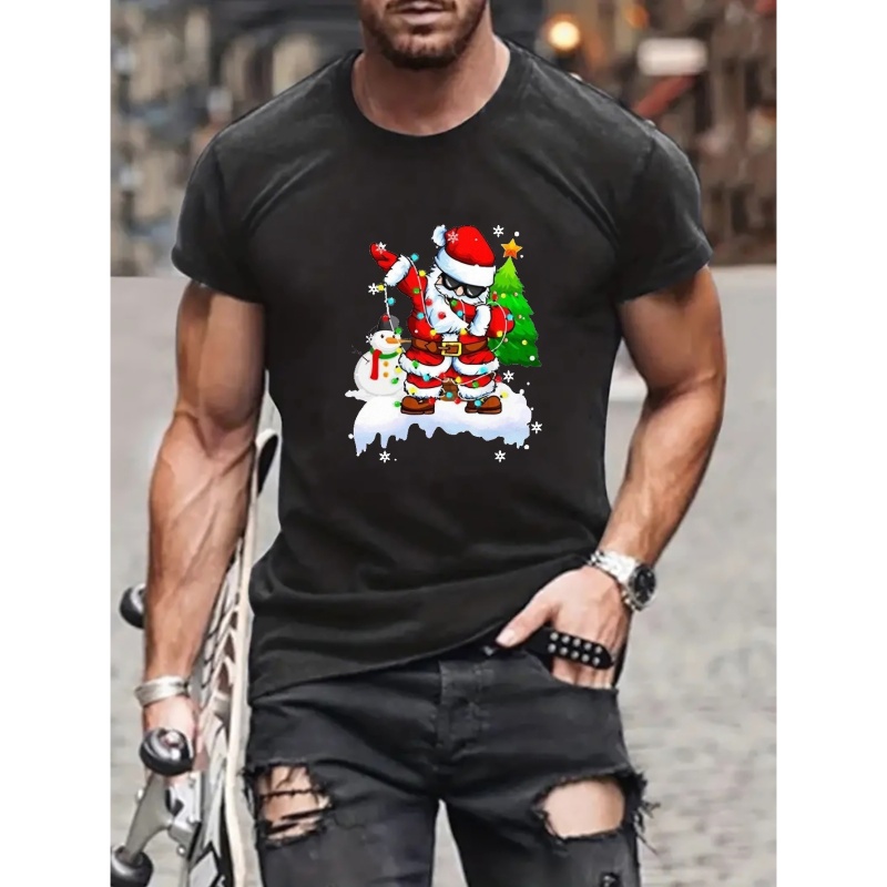 

Christmas Men's Santa Claus & Snowman Graphic Print T-shirt, Short Sleeve Tees Oversized Tops For Summer, Men's Clothing, Plus Size