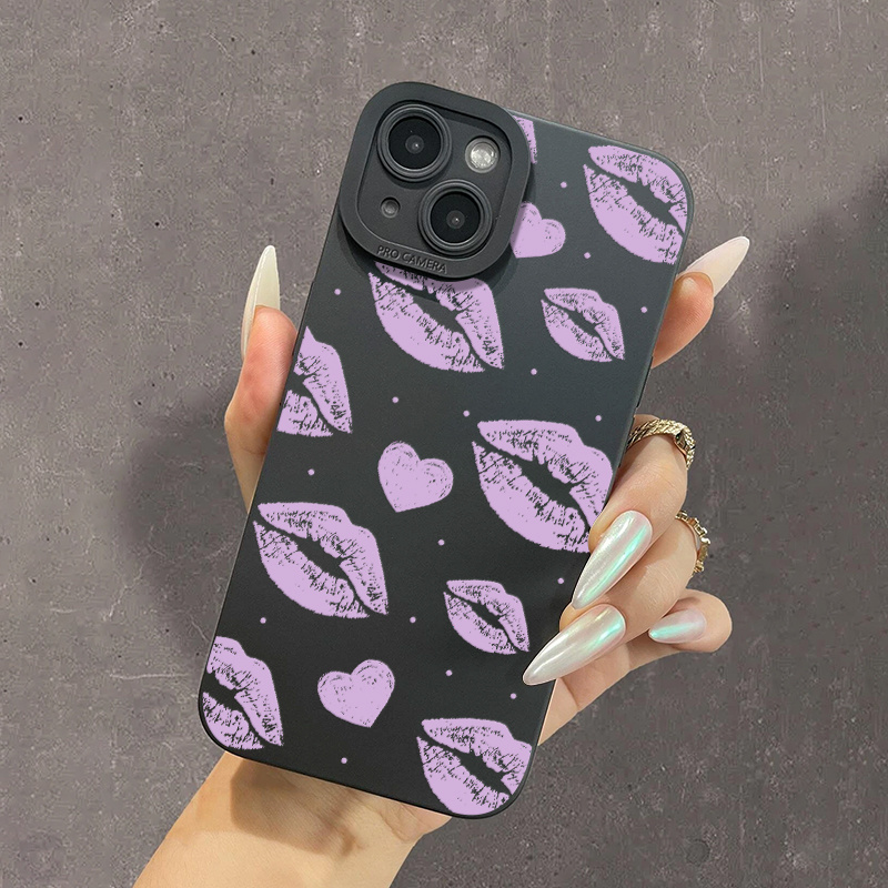

Purple Lip & Heart Graphic Pattern Mobile Phone Case For Iphone 14 13 12 11 Pro/pro Max 7 8 Se 6/6s Plus Xr X/xs Xs Max