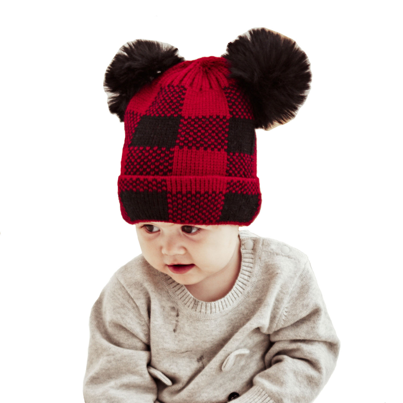 Baby Buffalo Plaid Letter Embroidered Heart Dua Ears Cap