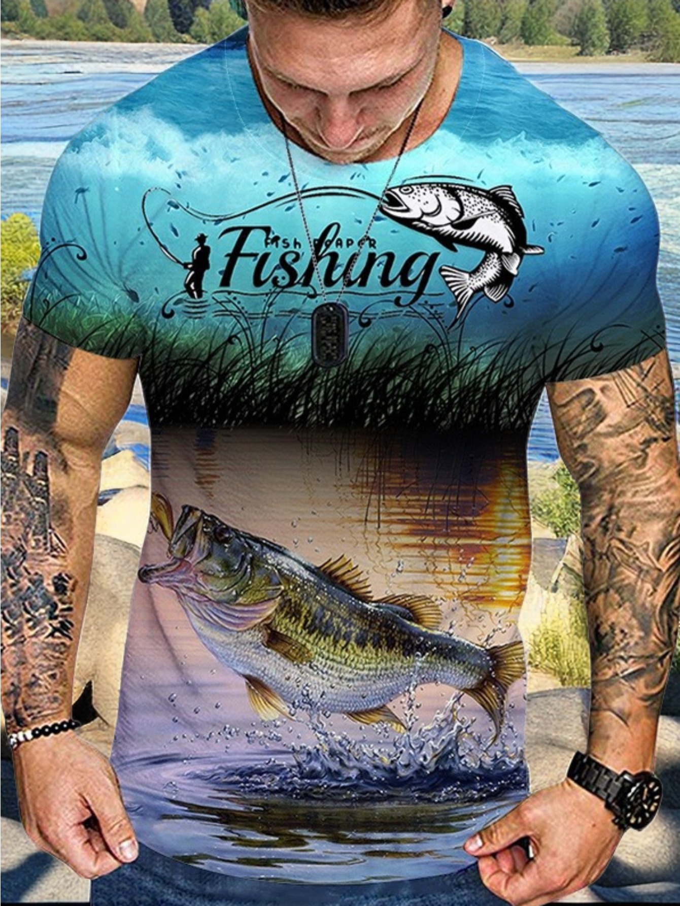 Animals Print Round Neck Slight Stretch T-Shirt, Men's Sports Summer Fishing Pattern 3D Casual Street Style Tee Shirt For,Men Gifts,Temu