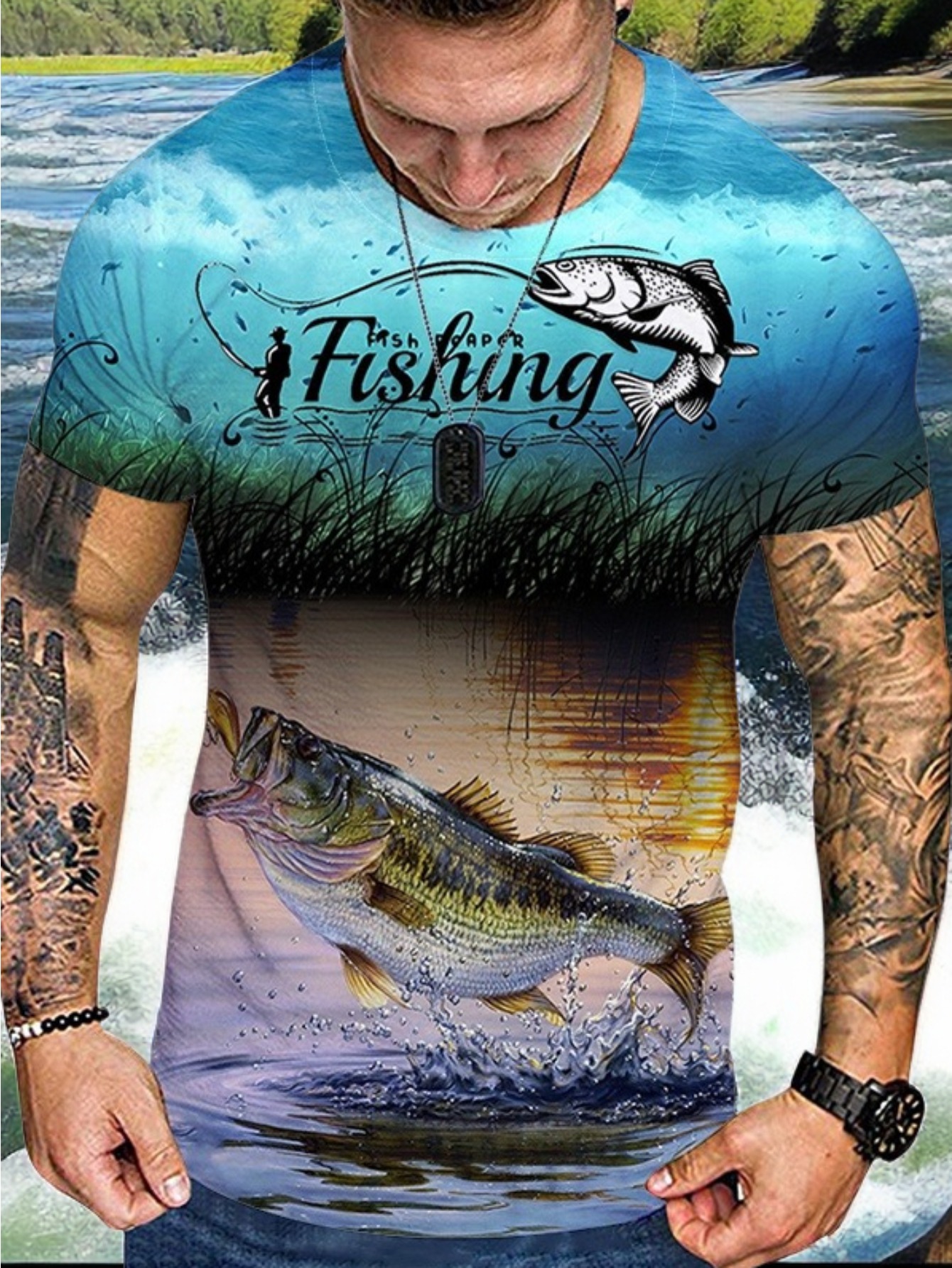 Fishing Pattern 3D Print T-shirt, Men's Casual Street Style Stretch Round  Neck Tee Shirt For Summer