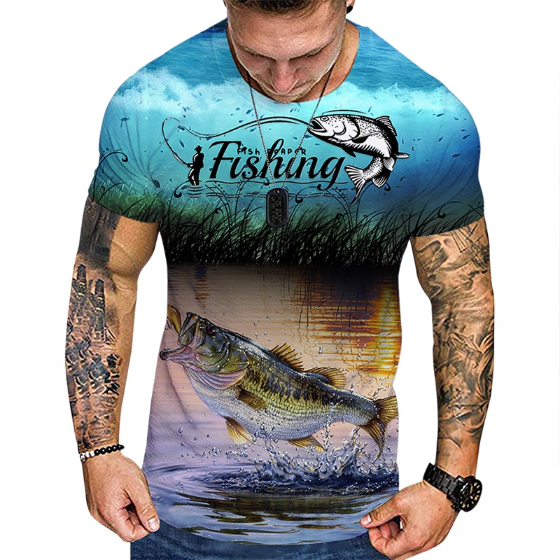 Fishing 3d Print T-shirt, Men's Casual Street Style Stretch Round