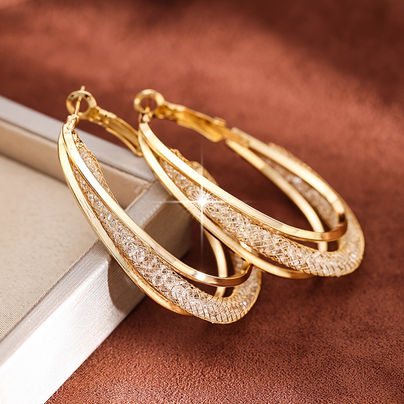 Luxurious Mesh Hoop Earrings Sparkling Golden Alloy 18k Gold - Temu