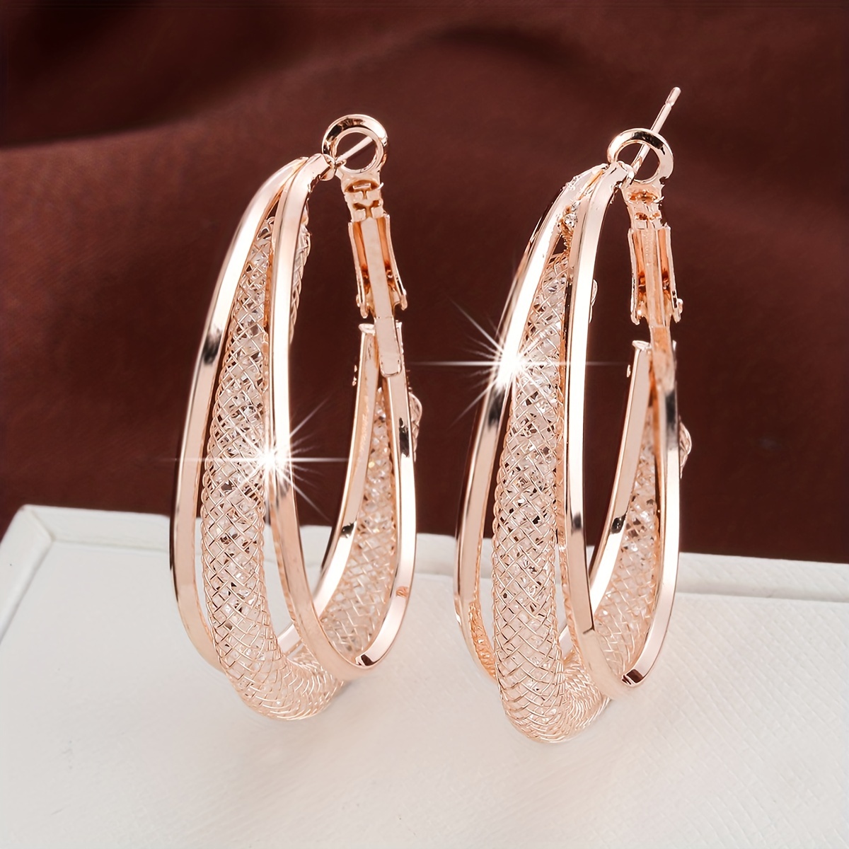 Luxurious Mesh Hoop Earrings Sparkling Golden Alloy 18k Gold - Temu