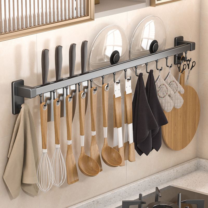 1pc Multifunctional Kitchen Nail-Free Hook Shelf, Wardrobe Cloth Organizer,  Kitchen Wall Mounted Hook Shelf For Spatula Spoon And Cup, Household Stora