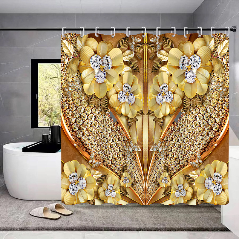 Golden Flower Pattern Bathroom Set Waterproof Curtain 12 - Temu