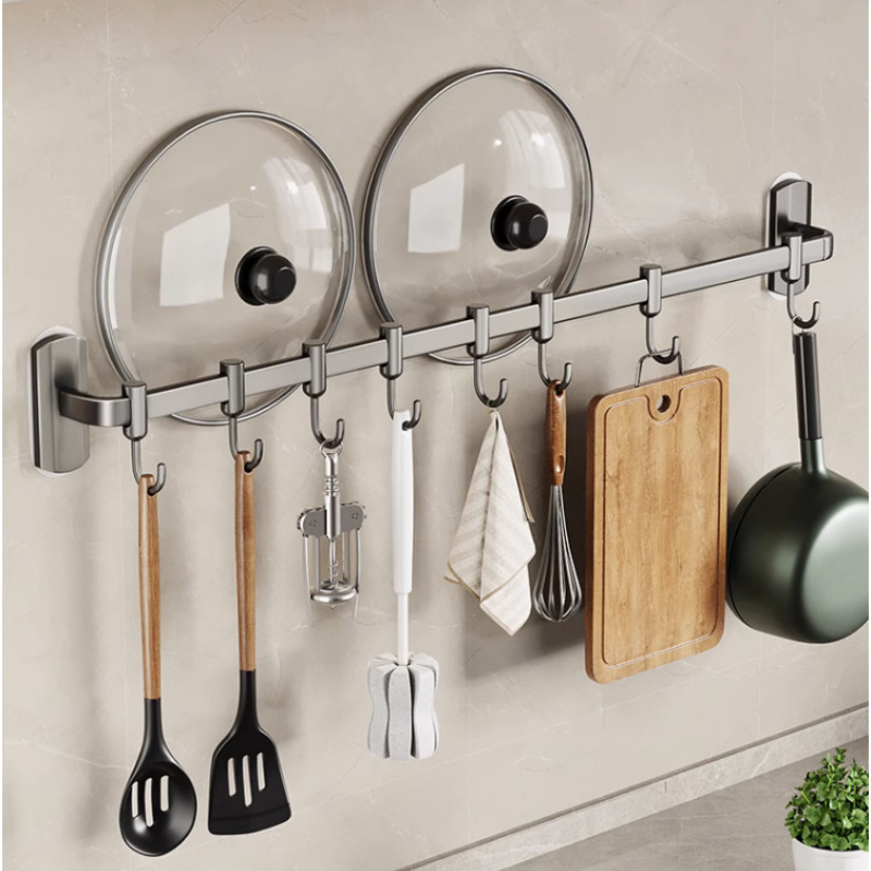 Amerteer Utensil Racks Organizer,Wall Mounted Kitchen Utensils Hanging  Hooks with 6 Hooks, Drilling Free Kitchen Tools/Pot/Towel/Knife/Mug/Cups