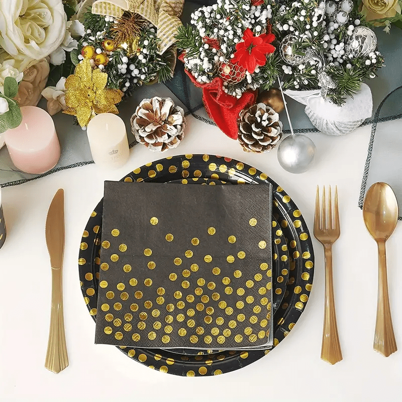 175PCS Black and Gold Party Supplies, Severs 25 Disposable Party Dinnerware,  Gold Plastic Forks Knives Spoons and Golden Dot Black Paper Plates, Black  Napkins Cups for Graduation, Birthday, Wedding